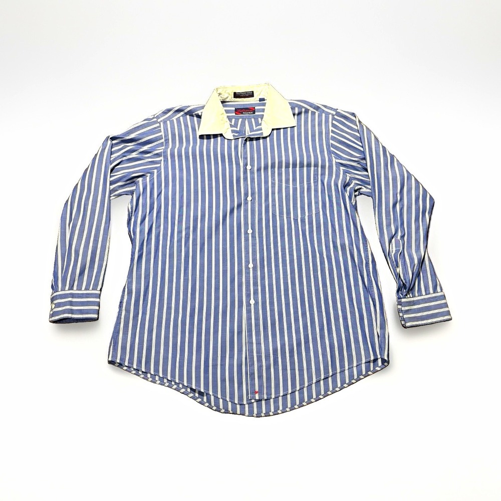 Vintage Hathaway Private Stock Oxford Dress Shirt L Blue/White Stripe 16.5x34